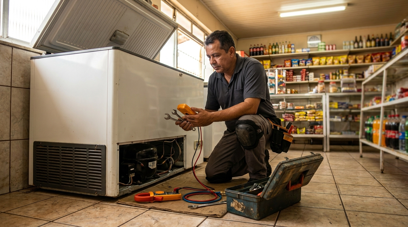 Técnico realizando manutenção de motor de freezer em Aparecida de Goiânia‑GO
