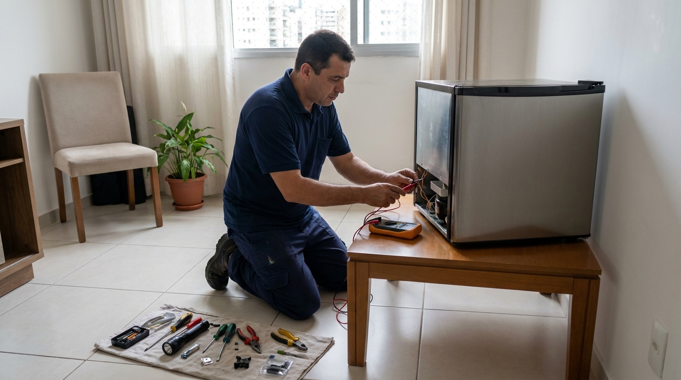Técnico realizando manutenção de motor de frigobar em Aparecida de Goiânia‑GO