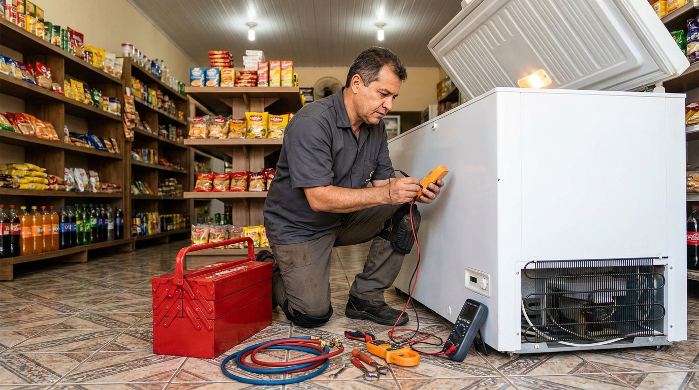 Recarga de gás refrigerante em freezer em atendimento em Aparecida de Goiânia‑GO