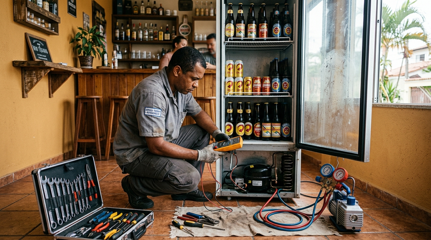 Troca de termostato de cervejeira em atendimento técnico em Aparecida de Goiânia‑GO